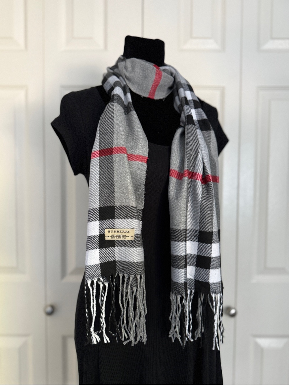Burberry Gray Plaid Scarf with Red Stripe